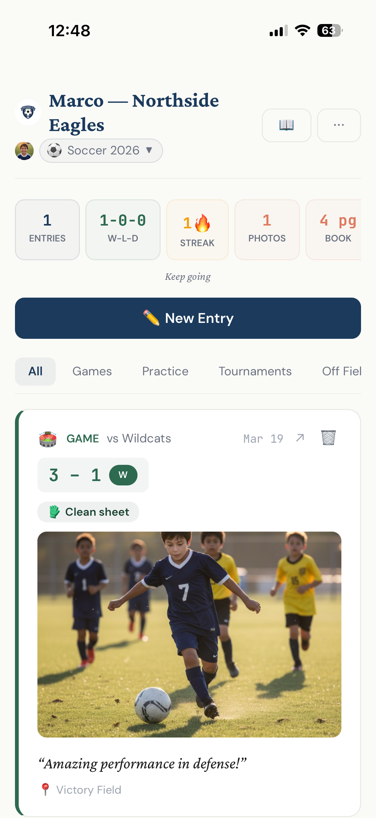 Team Season app showing game journal feed
