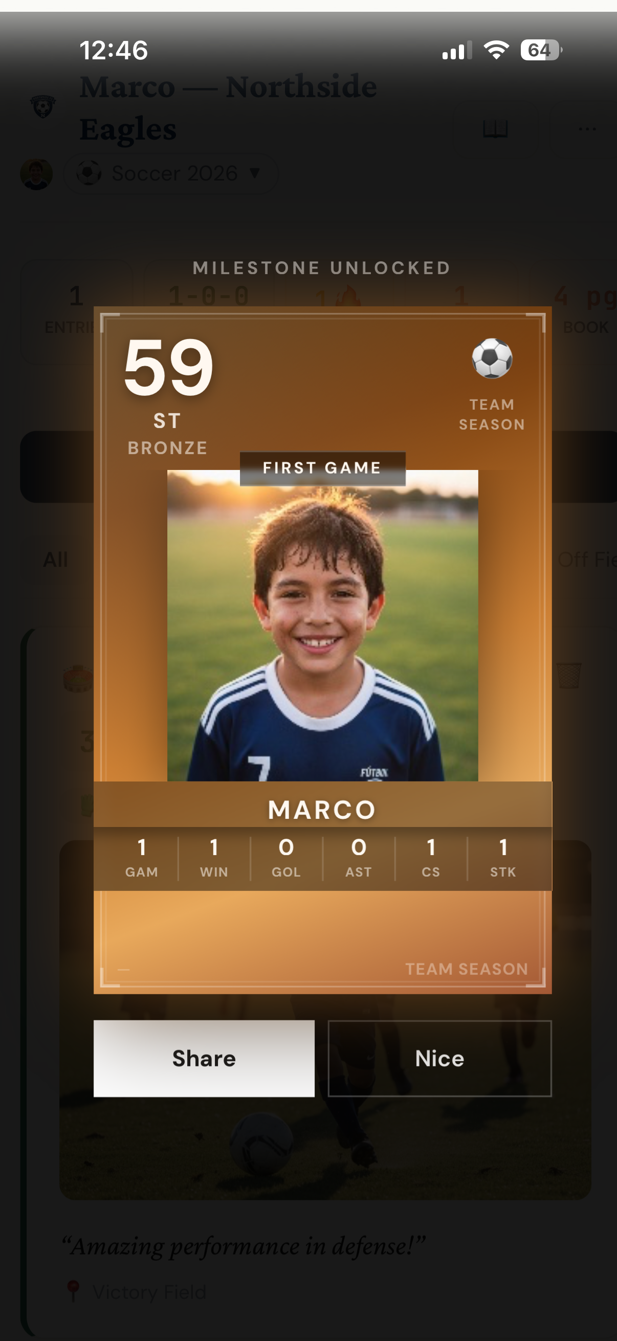 Team Season share card with game highlights